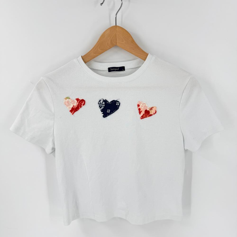 Patriotic Heart Baby Tee White Cropped Knit Top Red Blue Americana Small